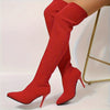 Ladies' Over-the-Knee High Heel Booties - Casual Style, Hand Washable, No Dry Clean, Pure Color, Suitable for All Seasons, Easy Slip-On, Pointed Toe, Thin High Heel, Fabric Upper, Fabric Lining, Rubber Sole, Fabric Insole, Ra