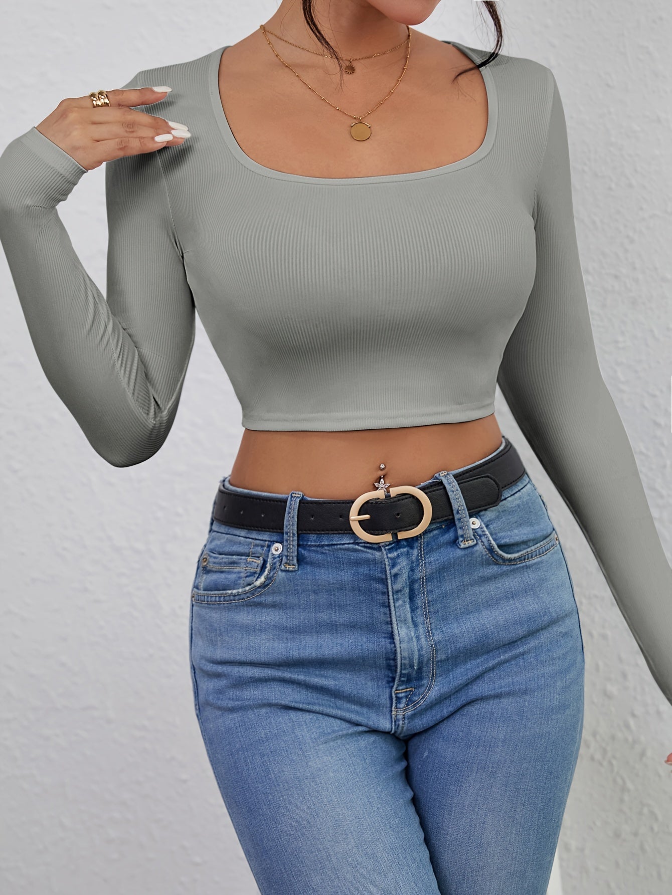 Squared Neck Cropped T-shirt, Casual Long Sleeve Solid T-shirt, Women's Clothing