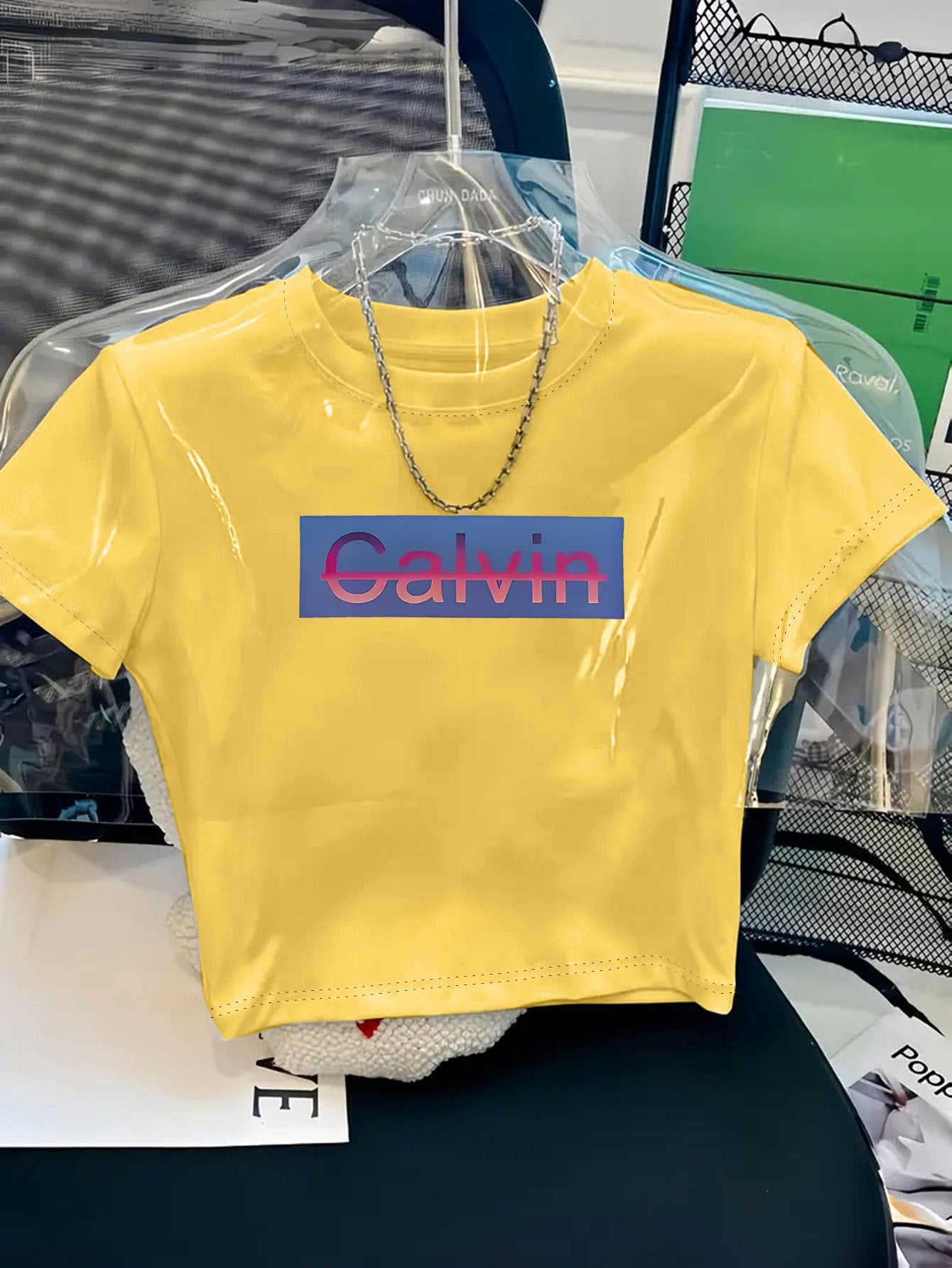 Women's Y2K Style Cropped T-Shirt with Bold CALVIN Monogram Print - Vibrant Red & Blue Lettering, Soft Comfortable Fabric, Machine Washable, Versatile Casual & Dressy Outfits