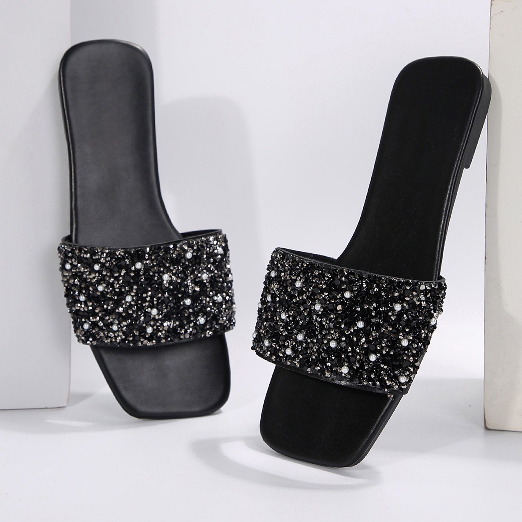 Women's Slipper Casual Open Toe Slides Outdoor Flat Sandals PU Leather Flat Sandals Rhinestone Glitter Slipper