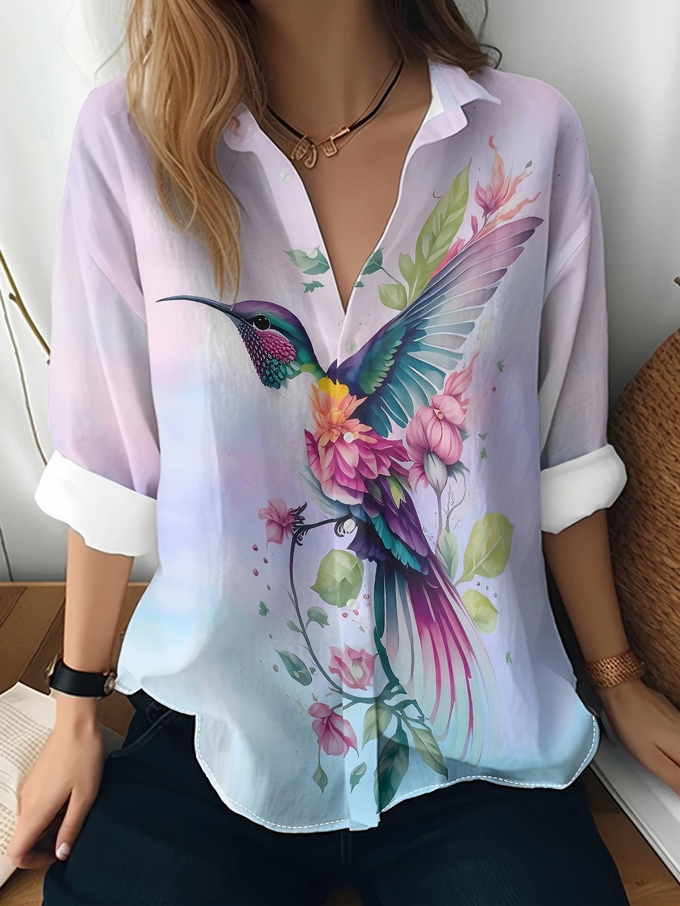 Women'S Long Sleeve Printed Blouse - Vibrant Hummingbird & Floral Design, Casual Lapel Collar, Lightweight Polyester Shirt for Spring/Fall, Ladies Blouses