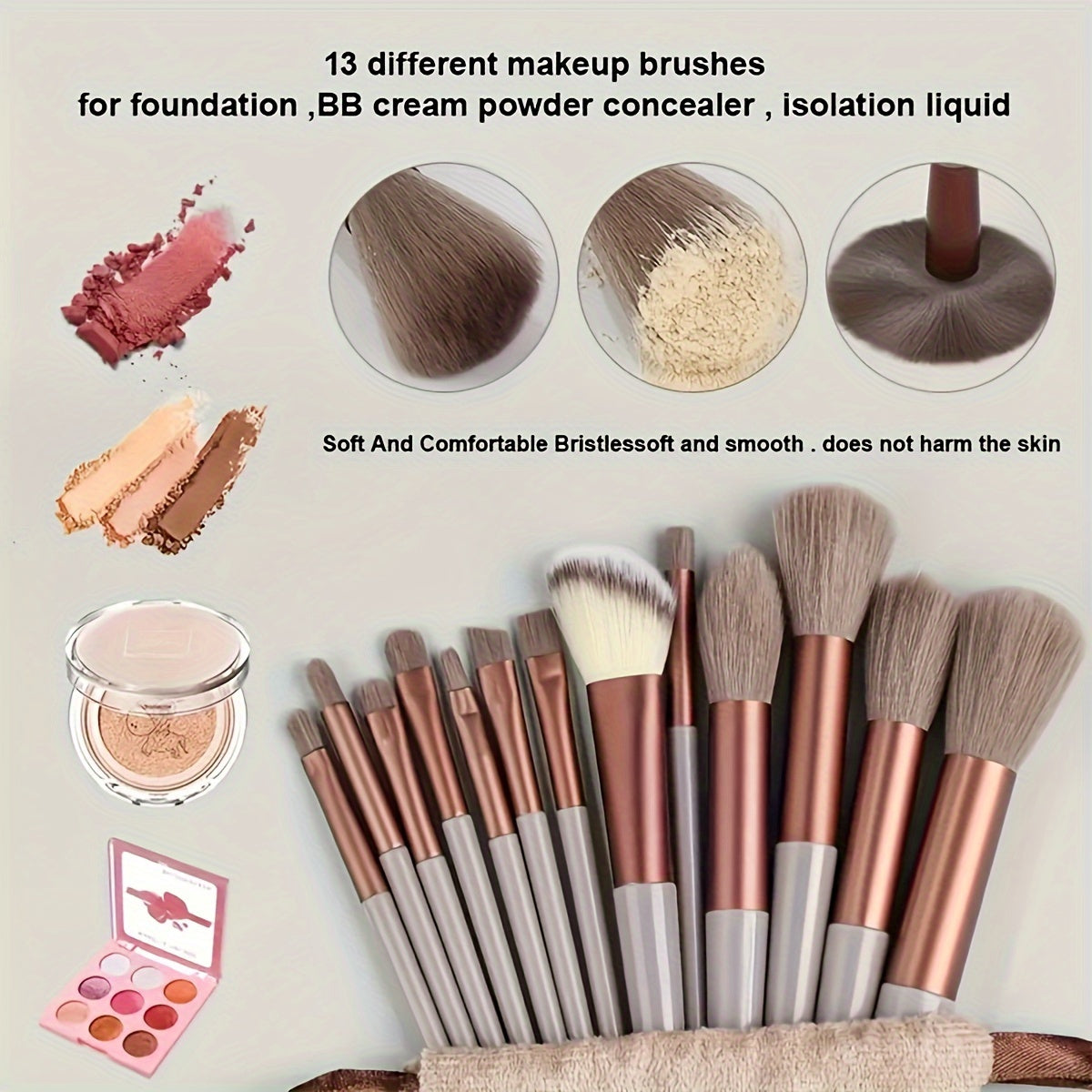 13pcs Nylon Bristle Makeup Brush Set with ABS Handle, Allergy-Free, Unscented, Multi-Use for Foundation, Eyebrow, Concealer, Eyeshadow, Travel & Daily Makeup, Includes Storage Bag