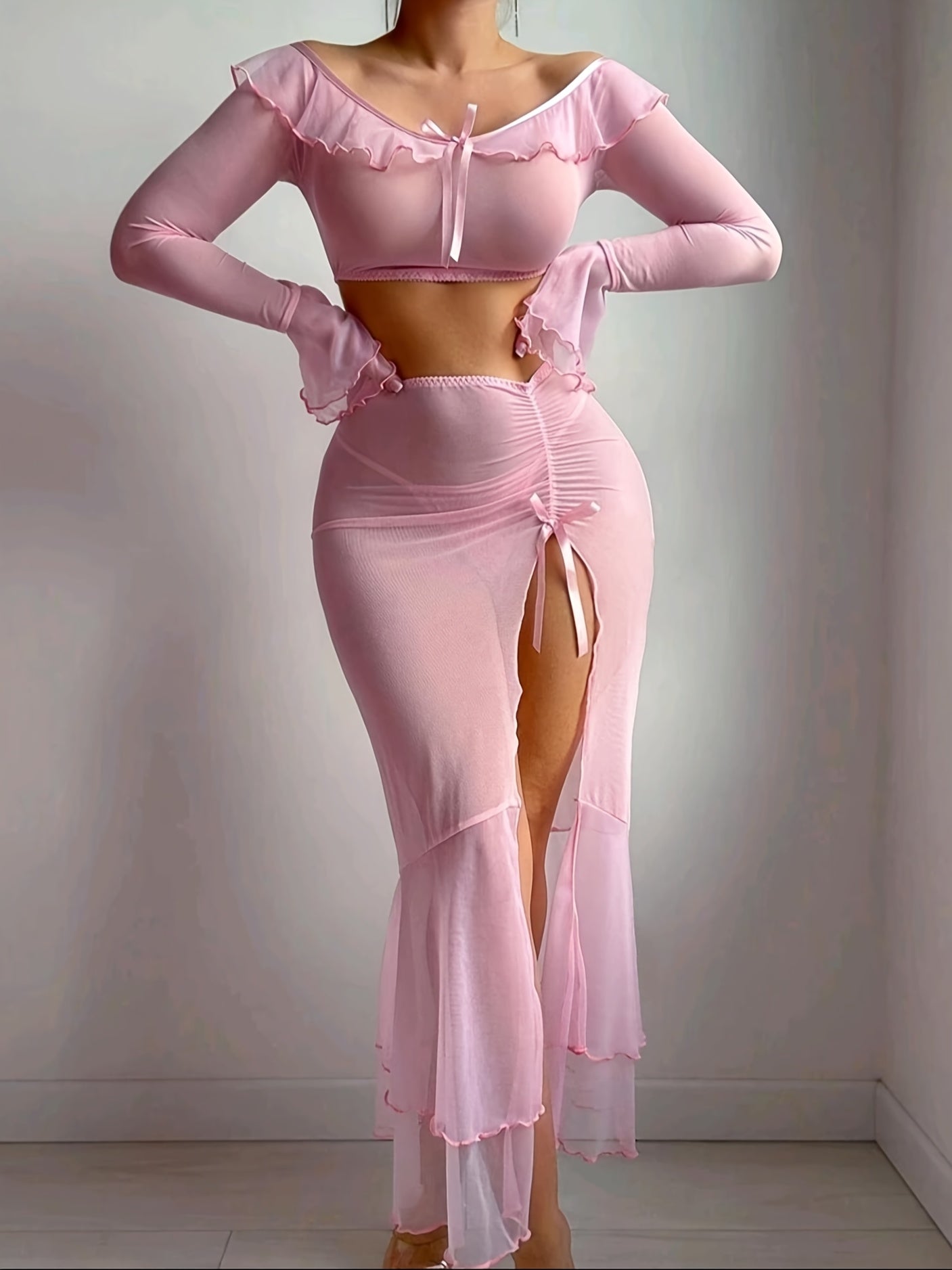 New Mesh Bell-Sleeve Top 1 + Long Skirt 1 + Underwear 1