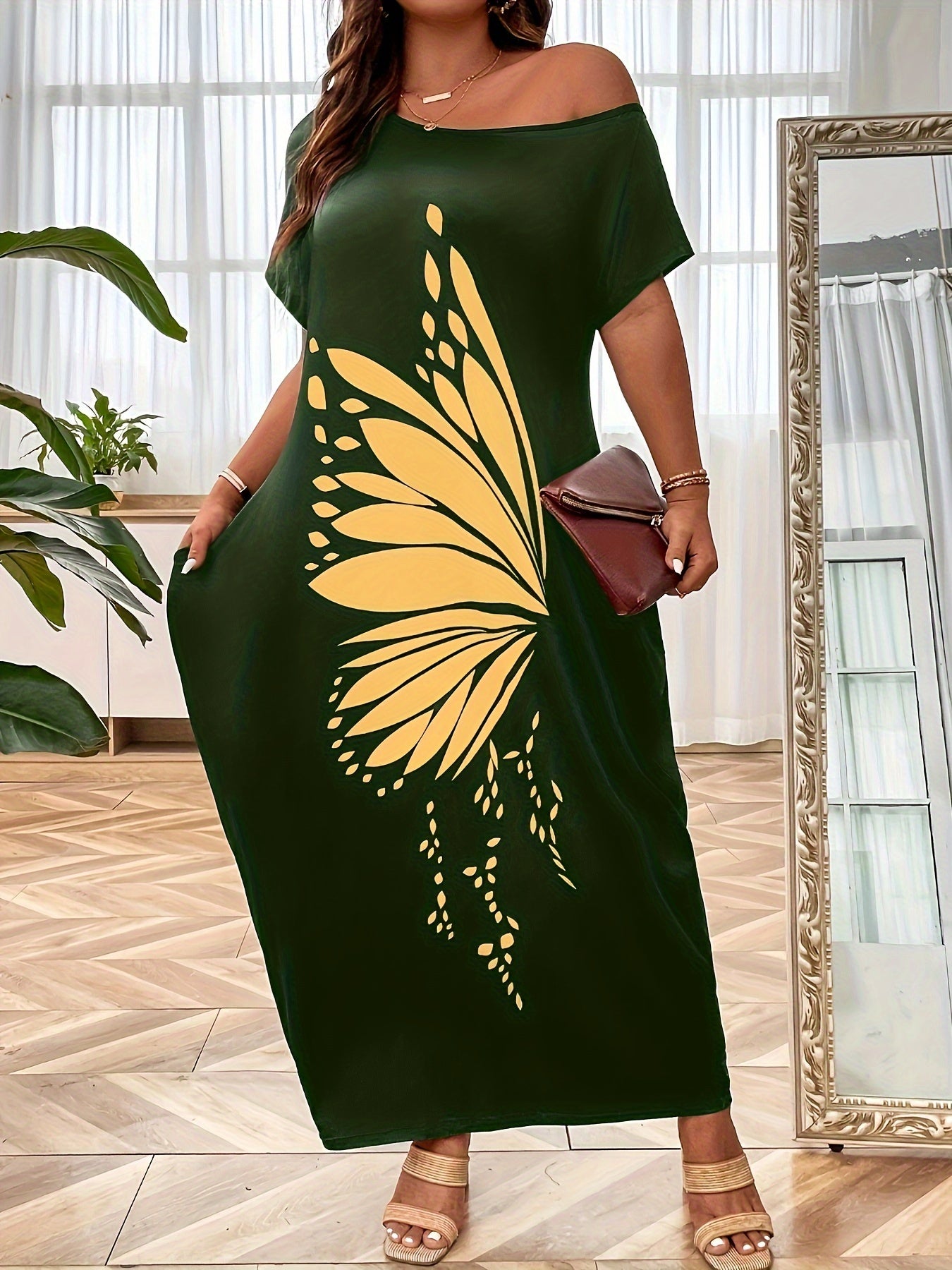 Chic Off-Shoulder Butterfly Print Maxi Dress for Women - Casual & Elegant, 100% Polyester, Machine Washable, Summer-Ready with Short Sleeves & Pockets