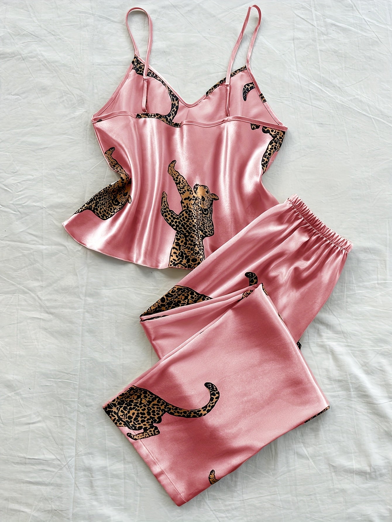 Leopard Print Fashionable Comfort V-Neck Camisole Long Pants Pajama Set 2pcs