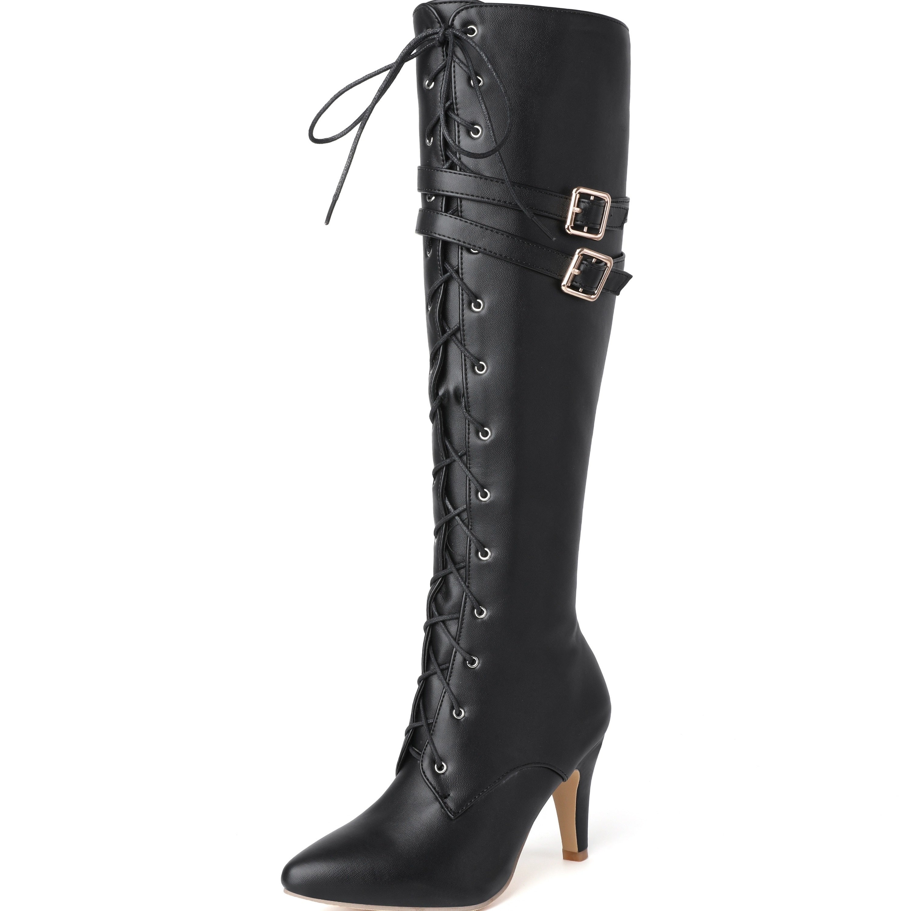 1pr Women'S Knee-High Boots - Solid Color, Pointed Toe, Flare Heel, Zipper, Man-Made Upper, Fabric Inner & Insole, Rubber Sole - Fashion High Heel Booties