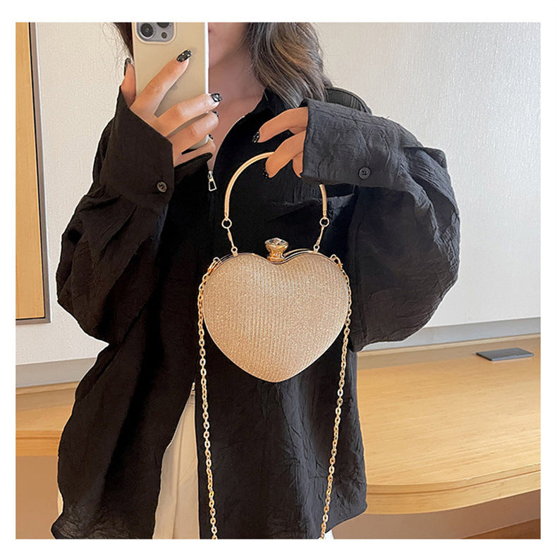 Ladies Fashion Shining Chain Crossbody Bag, Elegant Shoulder Heart Shaped, Metal Embellished, Black, with Buckle Closure, for Party, Wedding, Date