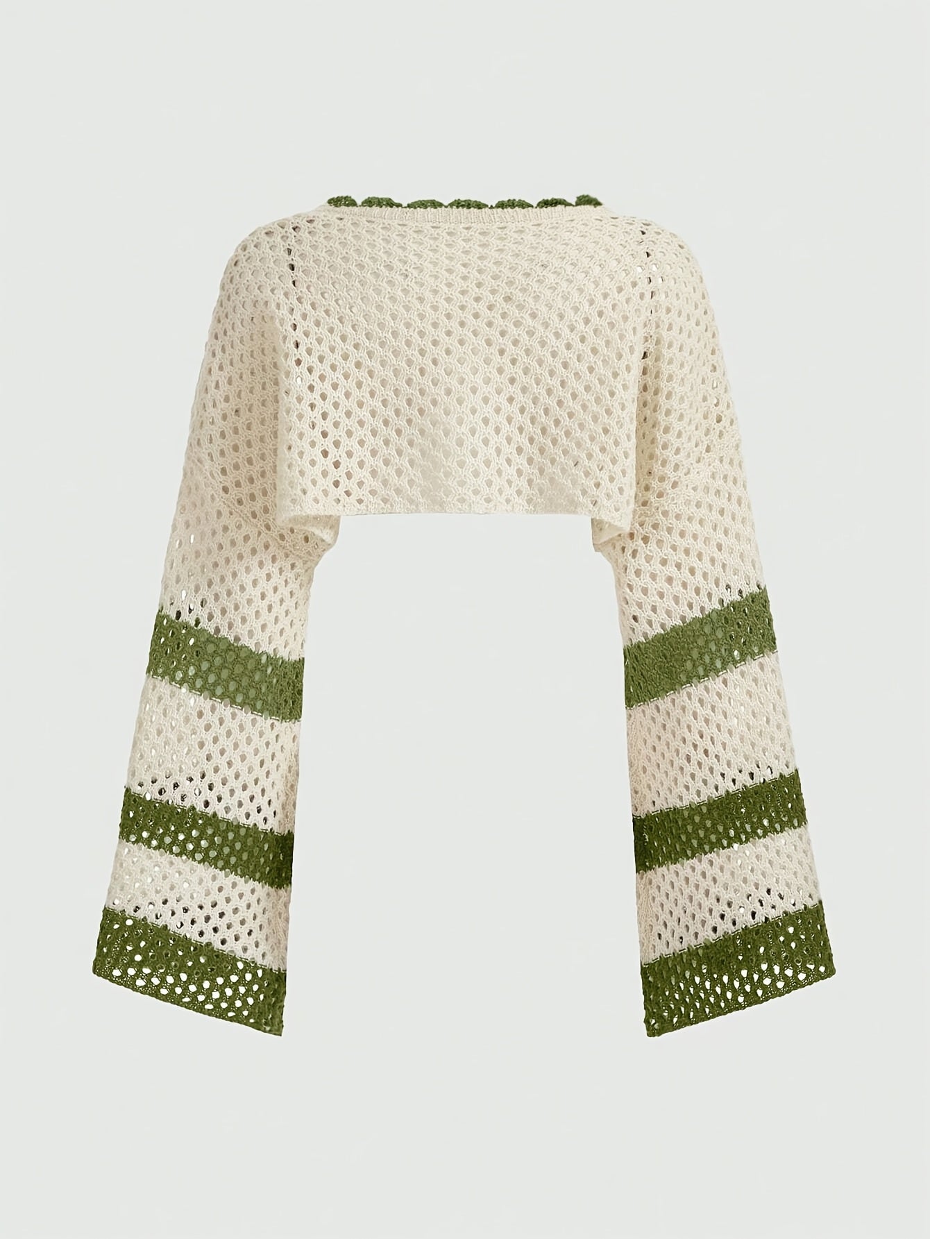 Chic Color Block Striped Crop Sweater - Casual Round Neck, Long Sleeve, Semi-Sheer Knit Top for Women, Polyester, Perfect for All Seasons, Knit Sweater