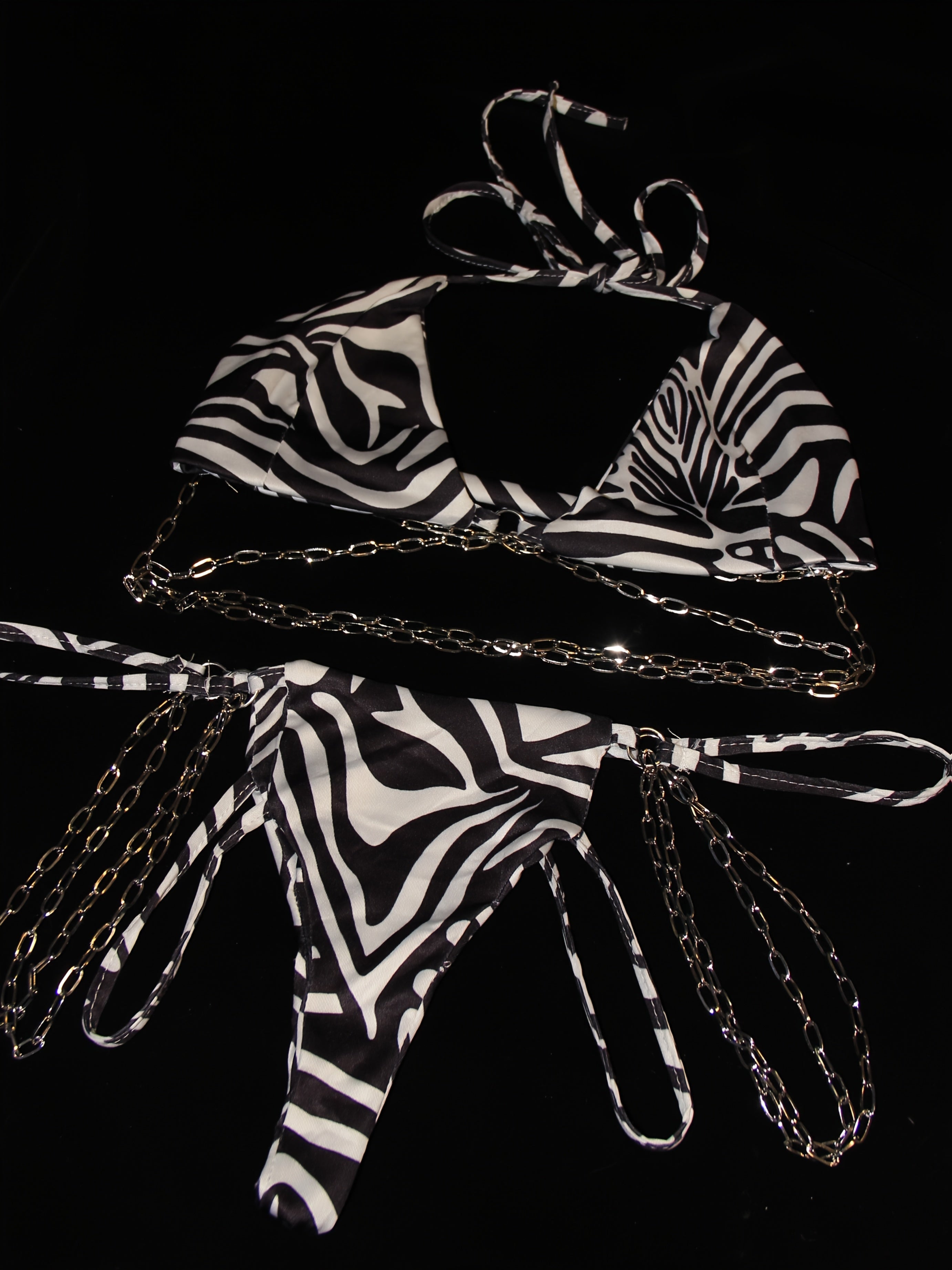 2pcs Women Sexy Punk Style Bikini Set Zebra-stripe Halter Personality Chain Decoration Swimsuit Hot Spring Three-Point Swimwear