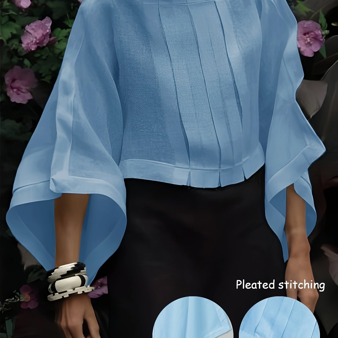 Elegant Polyester Blend 3/4 Sleeve Shirt for Women - Loose Fit Boat Neck Solid Color Woven Shirting with Pleated Detail, All-Season Versatile Top