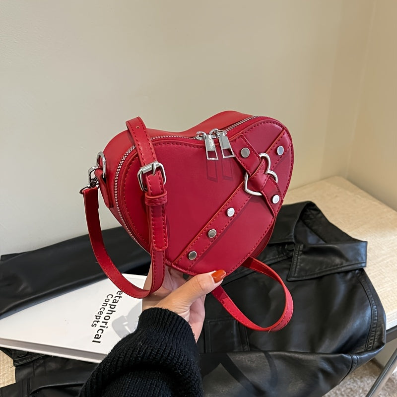 Valentine's Day Romantic Theme Ladies Fashion Heart-shaped Diagonal Shoulder Bag PU Zipper Solid Color Locomotive Bag Single Shoulder Irregular Bag