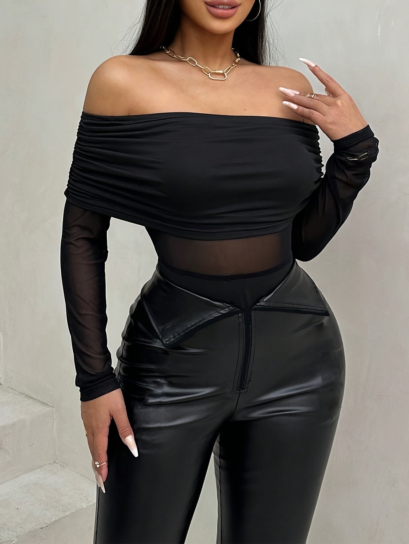 Elegant Off-Shoulder Long Sleeve Knit Bodysuit with Mesh Detail - High Stretch, Solid Black, Ruched Design, Perfect for Fall/Winter Women’s Fashion, Fall Fashion Top | Offshoulder Bodysuit | Nontransparent Fabric