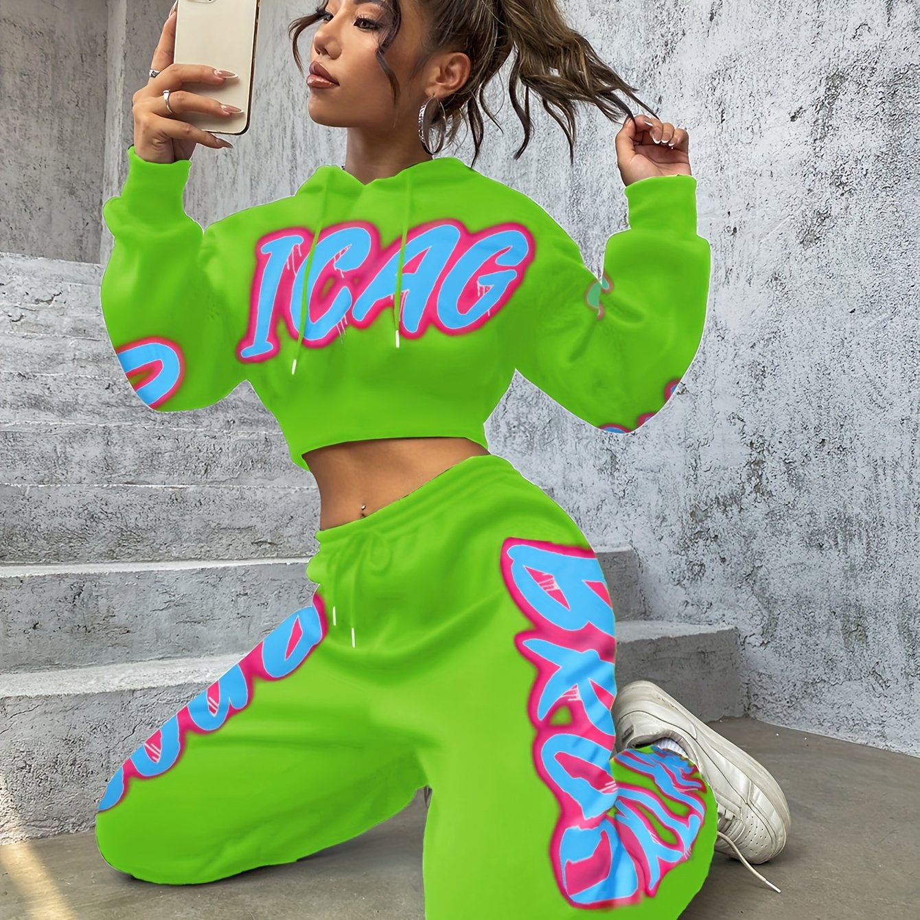 Women'S Spring/Fall Hooded Sweatshirt and Pants Set, Polyester 98% Elastane 2%, Alphabet Pattern, Knit Fabric, 250g/m² - A3964