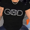 Women's Plus Size "GOD" Letter Print T-Shirt, Casual Short Sleeve Crew Neck Top with Rhinestone Accents, Soft Fabric for Spring & Summer, Everyday Clothing | Crew Neck Tshirt | Knit Fabric