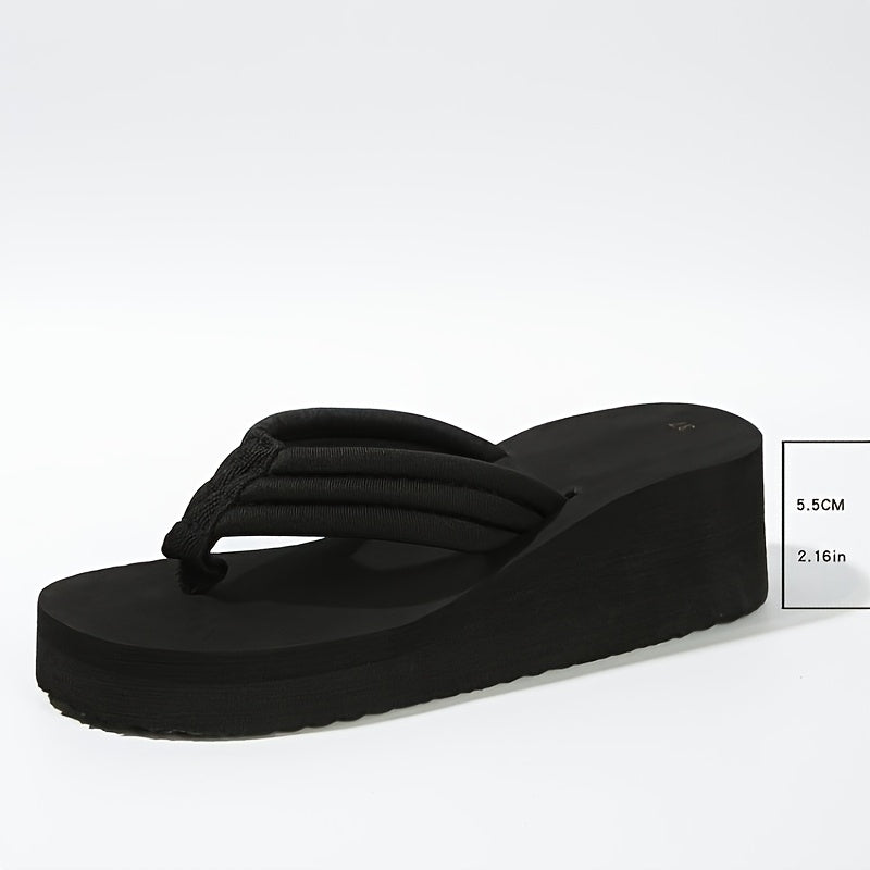 Women'S Fashion Platform Flip Flops, Solid Color Fabric Upper & Inner, EVA Sole & Insole, Slip-on Toe Post Sandals, Comfortable Lightweight Beach Slides