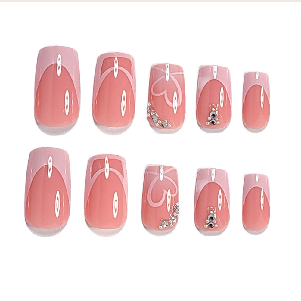 24pcs Valentine's Day Press-On Nails Set - Medium Square, Pink French Tip with 3D Rhinestone Hearts & White Gradient Design, Glossy Finish - Includes Jelly Adhesive & Nail File for Easy Application |bride nails |wedding