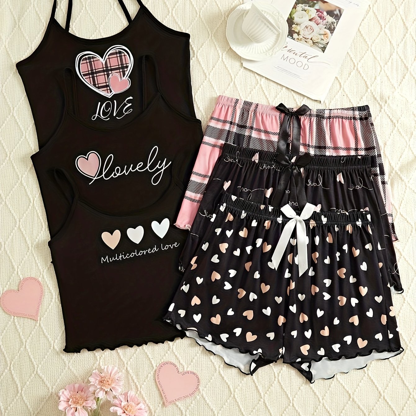 Women's Cute Cartoon Heart Print Pajama Sets, 6-Piece Triple Pack, Knit Polyester Fabric with Elastane Stretch, Crew Neck, All Season Comfort, Patterned Sleepwear for Adults
