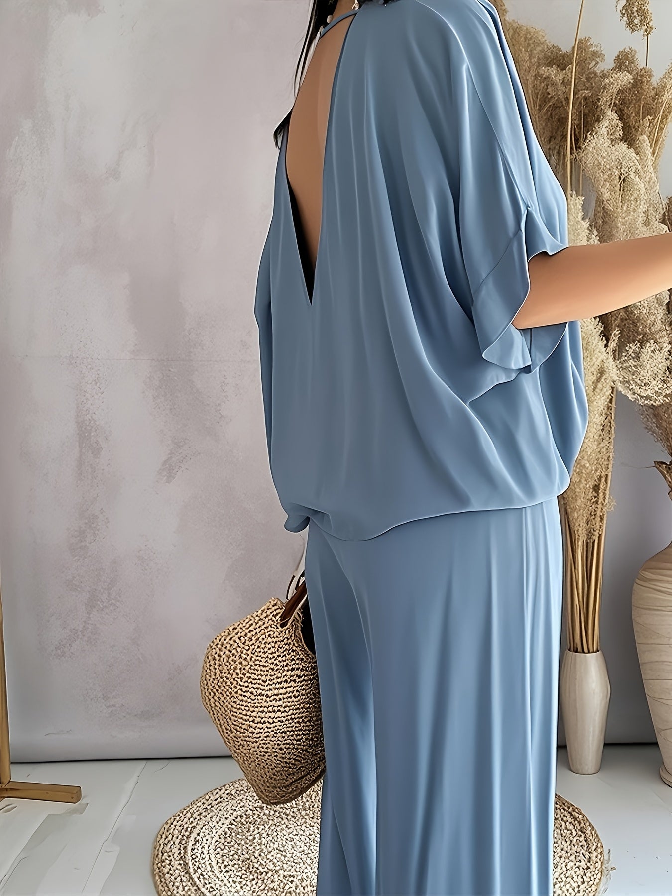 Casual Solid Color Pants Suit, Half Sleeve V-neck Top And Wide Leg Pants Clothing, Women'S Clothing