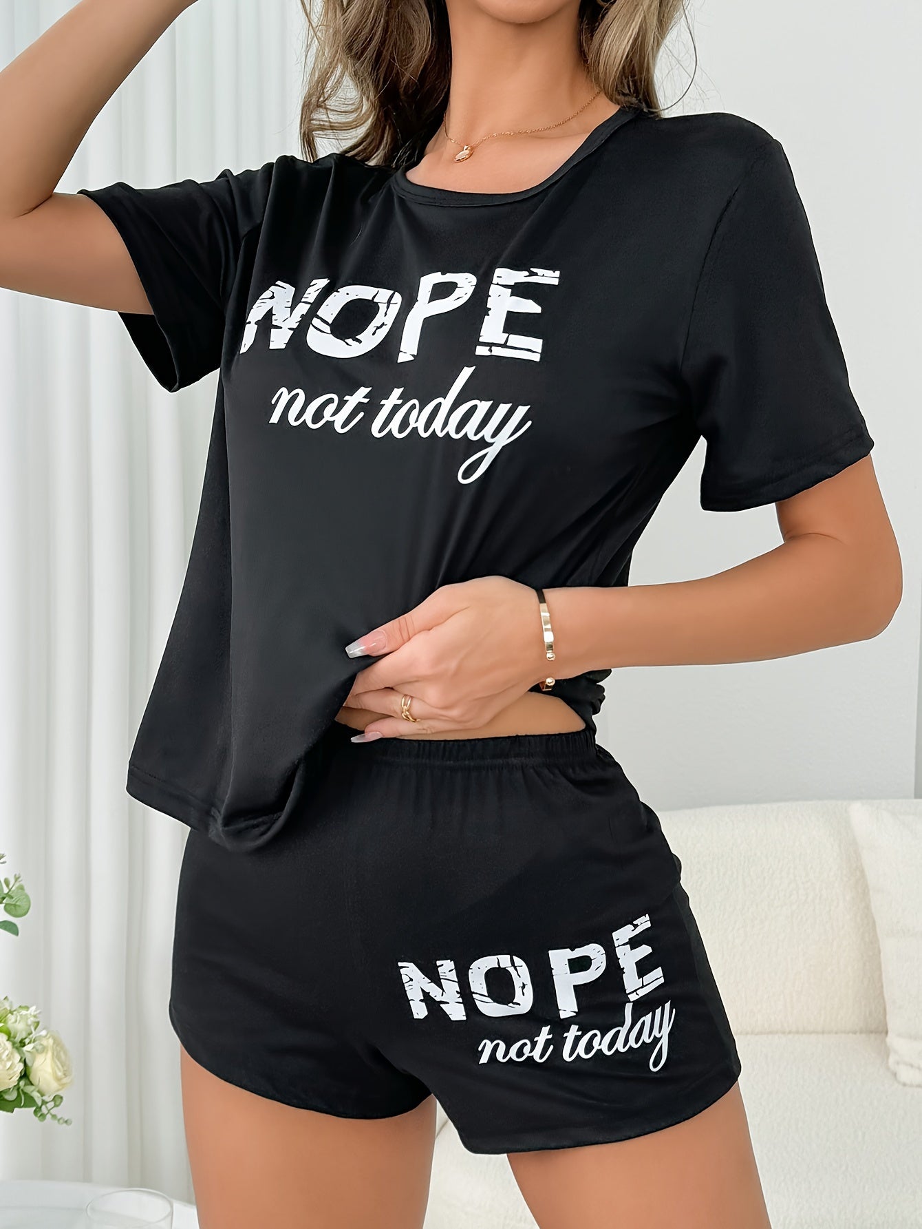 [One Set Comfortable Pajama Outfit] Women's Casual "NOPE not today" Print Short Sleeve T-Shirt and Shorts Pajama Set, Comfortable Loungewear, Sleepwear Outfit