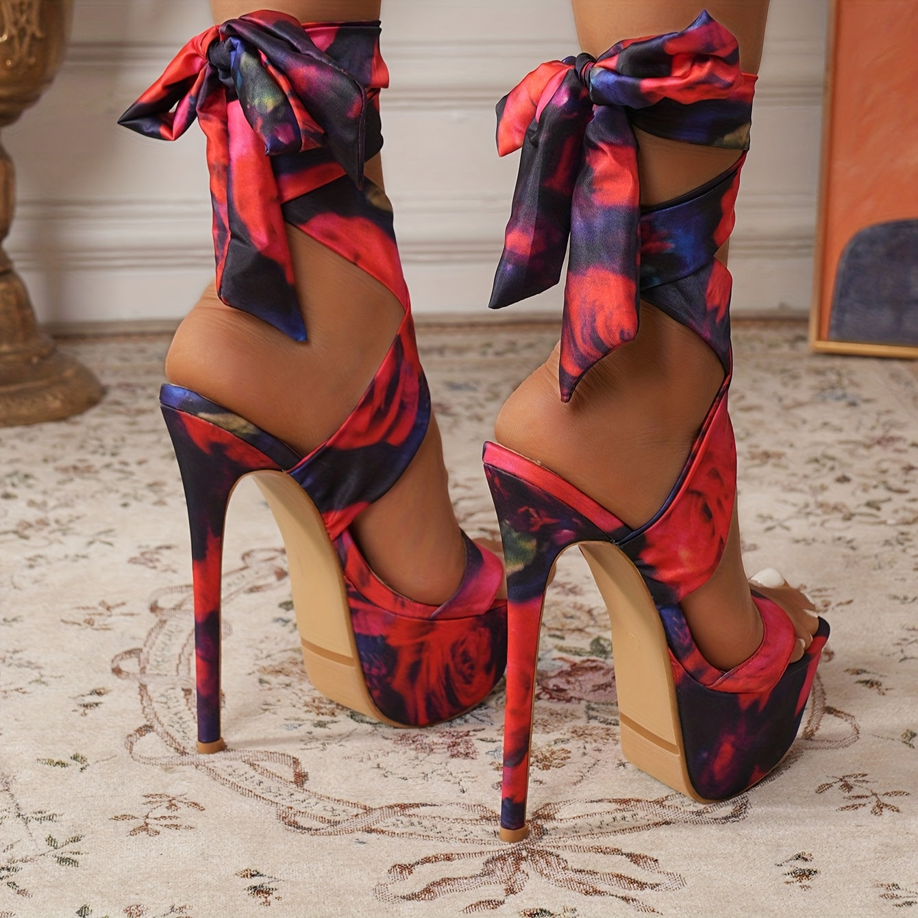 2025 New Women's Pointed-Toe Stiletto Heel Platform Pumps with Adjustable Ankle Strap - Floral Print Fabric Upper, Ultra-High Heels for Fashion Shows & Special Occasions, Party Footwear, Elegant Design, Highquality Finish, Dr