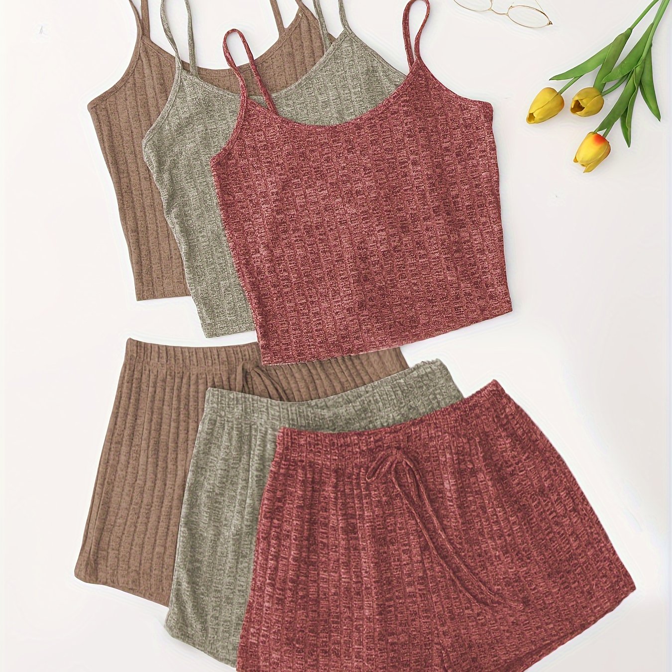 3 Sets Solid Pajama Set, Round Neck Cami Top & Lace-up Shorts, Women's Sleepwear & Loungewear