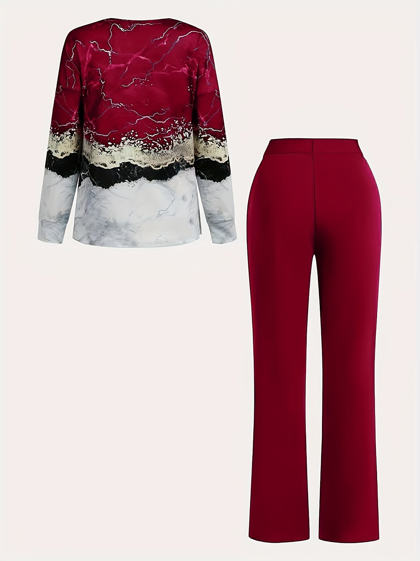 [Printed Two-piece Set] Two-piece Set - V Neck Long Sleeve Top & Wide Leg Pants Outfits - All Over Print, Women's Clothing