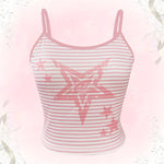 Casual Summer Spaghetti Strap Slingback Knit Fabric Polyester No Sleeve Tie Front Top with Striped Star Print