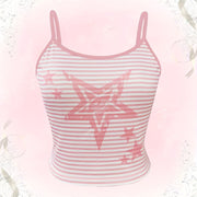 Casual Summer Spaghetti Strap Slingback Knit Fabric Polyester No Sleeve Tie Front Top with Striped Star Print