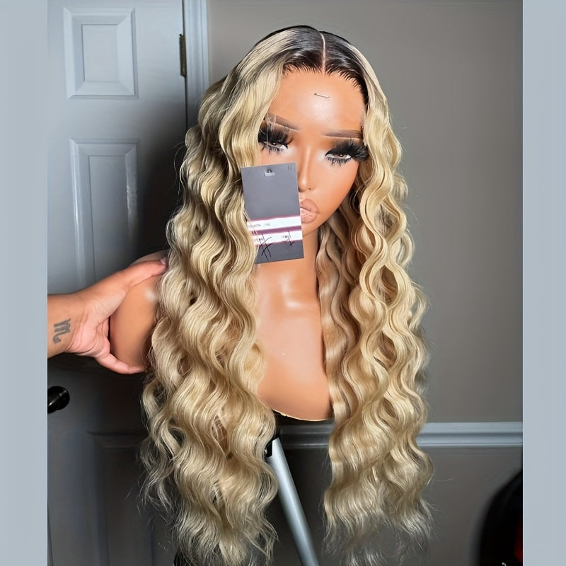 13x4 613 Lace Front Wigs Ombre Brown Roots To Blonde Pre-plucked 180% Density Luscious Blonde Deep Wave Wig HD Transparent Frontal Wig Glueless Lace Front Wigs For Women Girls Party Vacation Daily Used 28inch