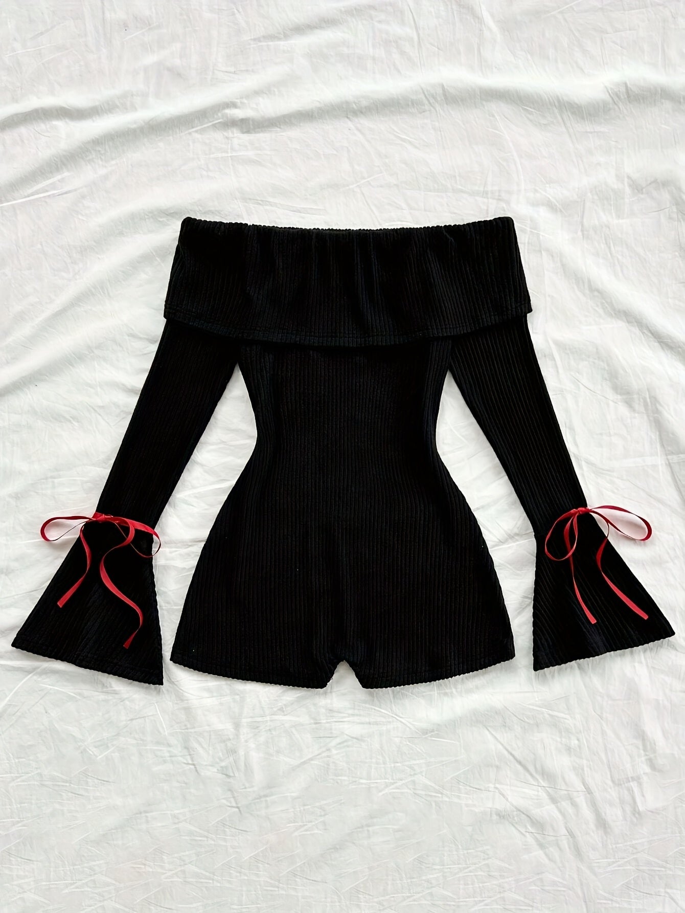 Elegant Direction Women'S New Autumn And Winter Knitted Solid Color Off-Shoulder Long Sleeve Flared Jumpsuit.