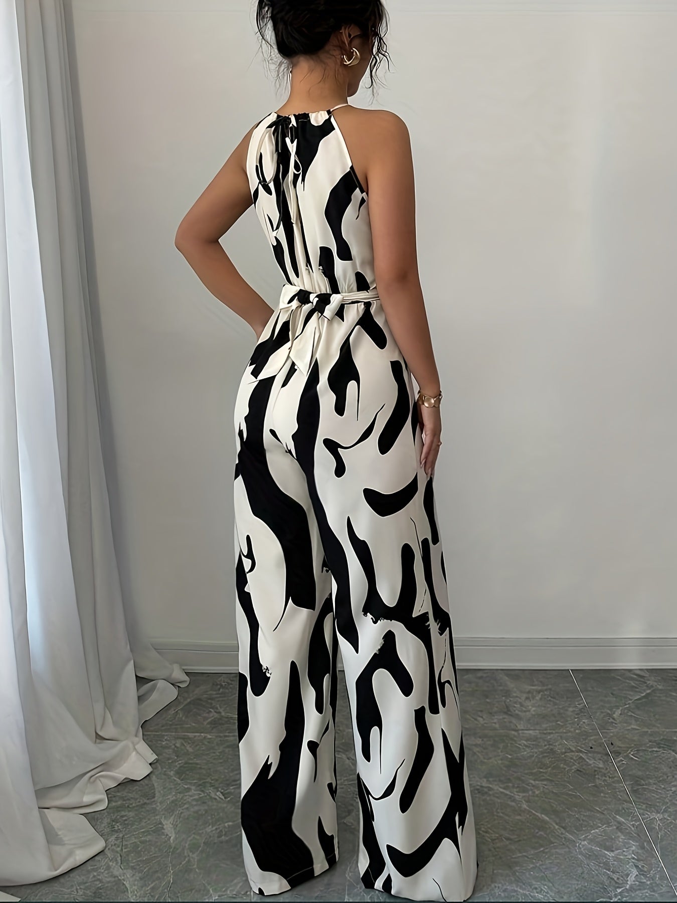 Women's Elegant Off-Shoulder Print Jumpsuit with Wide Legs and Tie Waist - Black & White Abstract Pattern, Polyester Fabric, Perfect for Vacation and Everyday Chic