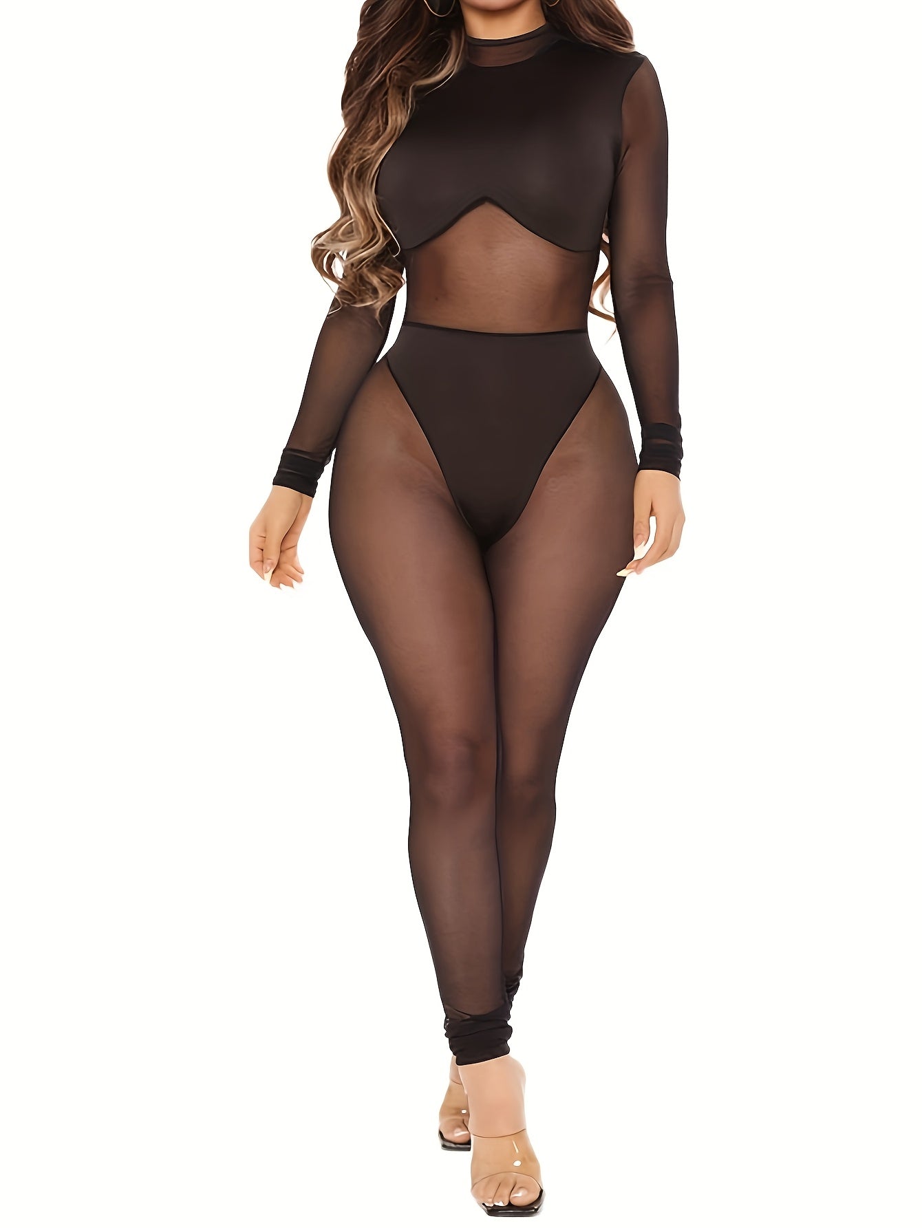 Sexy Black Mesh Bodysuit for Women - Stretchy See-Through Long Sleeve Jumpsuit, High-Cut Design, Summer Nightclub Outfit, Polyester & Spandex Blend, Hand Wash or Dry Clean, Summer Outfit | Elegant Style | Glossy Texture