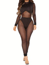 Sexy Black Mesh Bodysuit for Women - Stretchy See-Through Long Sleeve Jumpsuit, High-Cut Design, Summer Nightclub Outfit, Polyester & Spandex Blend, Hand Wash or Dry Clean, Summer Outfit | Elegant Style | Glossy Texture