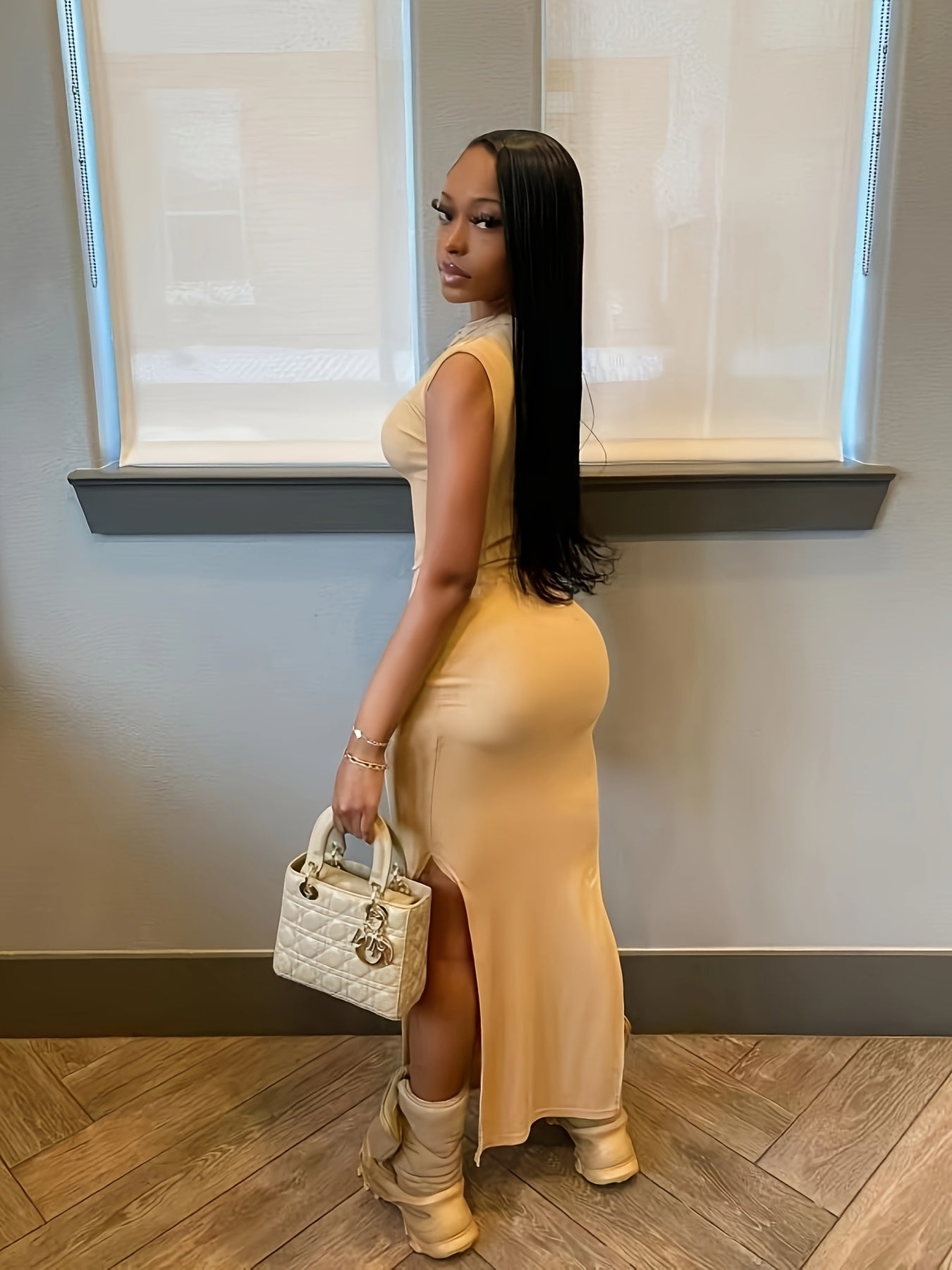 Elegant Off-Shoulder Split Hem Dress - Chic Beige Bodycon with Stretch, Machine Washable for Spring/Summer/Fall Events
