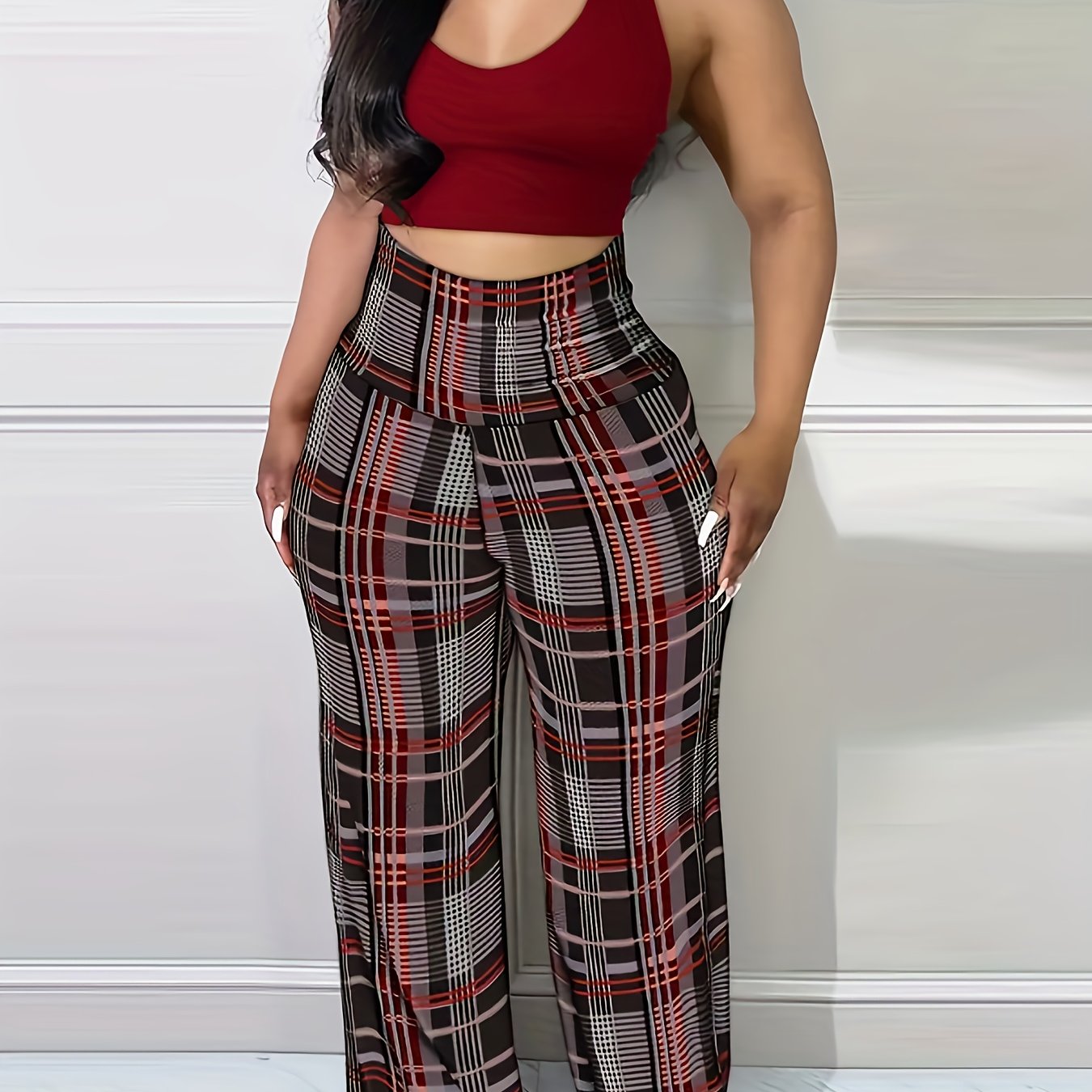 Chic Houndstooth High-Waist Wide-Leg Pants for Women - Stretchy, Casual & Machine Washable - For Women - Suitable for Everyday Wear, Work & Parties - Perfect Gift for Fashionable Women