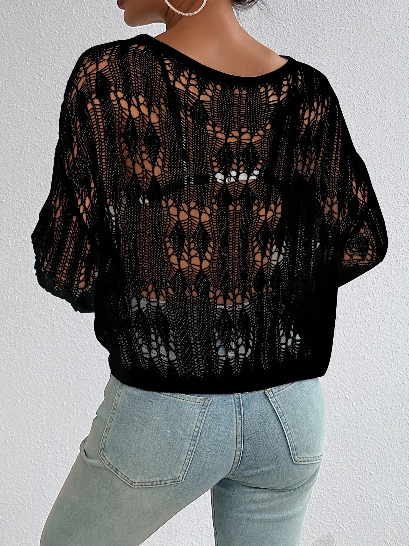Versatile Women's Crew Neck Long Sleeve Loose Knit Sweater, Solid Hollow Out Top for Everyday Wear
