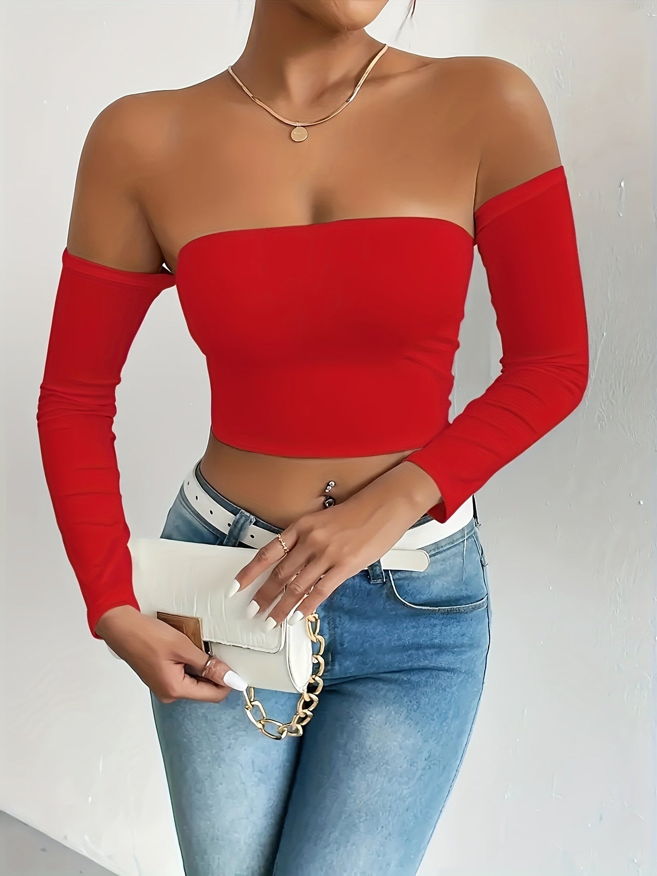 Off Shoulder Crop T-Shirt, Sexy Long Sleeve Slim Top For Spring & Fall, Women's Clothing