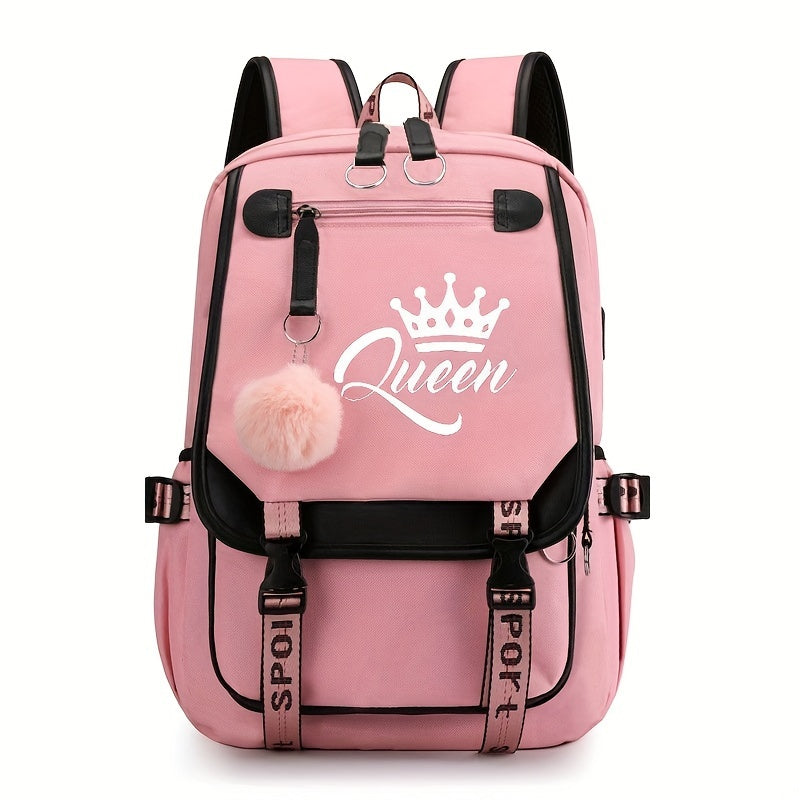 1pc Queen Print Students School Backpack - Casual, Large Capacity - Polyester Fabric - For Teen Girls & Students - Suitable for School, Travel & Daily Use - Great Gift for Back to School