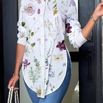 Floral Print Button Up Slim Shirt, Elegant Long Sleeve Curved Hem Shirt For Spring & Fall, Women's Clothing