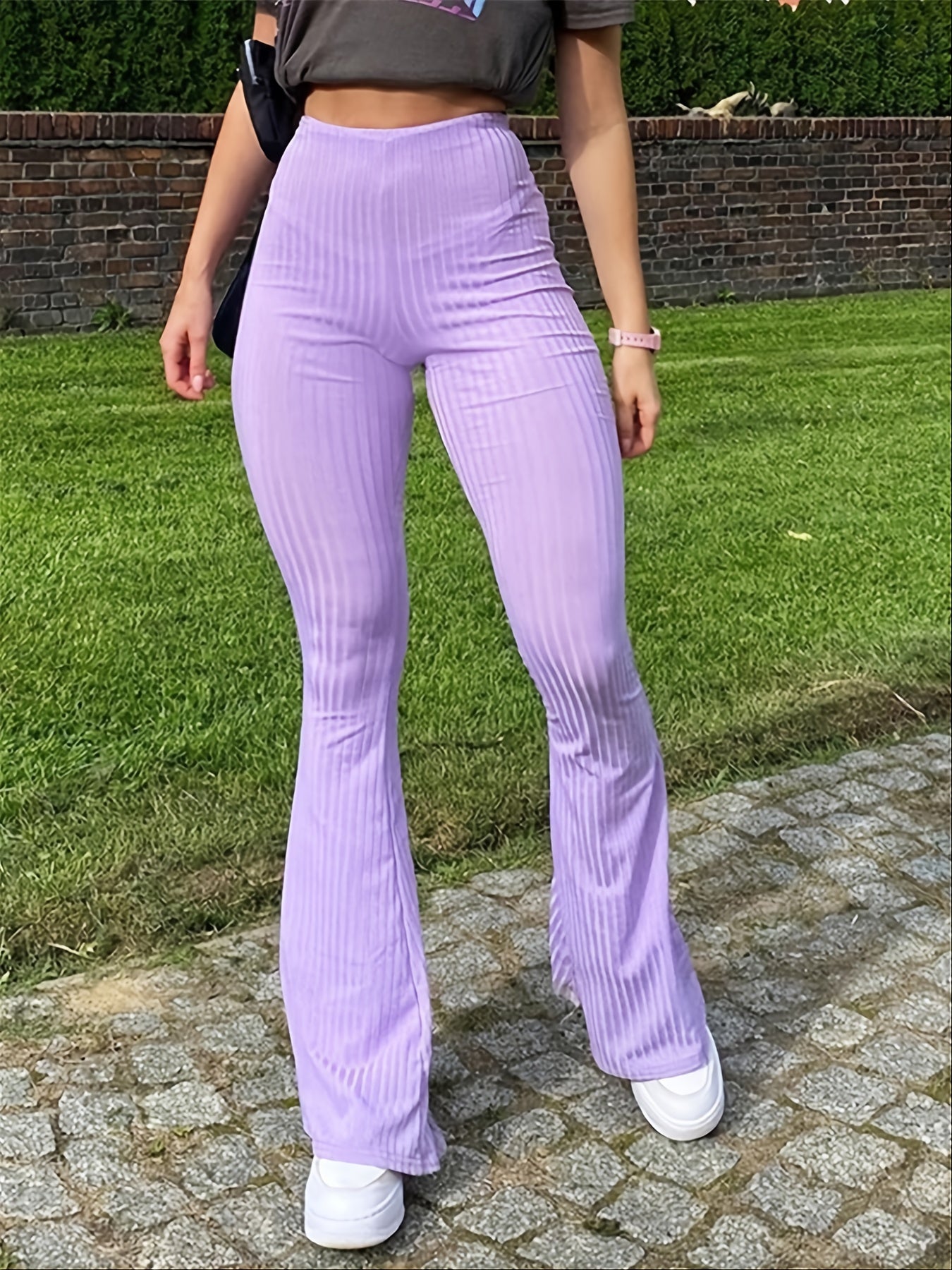 Women's High-Waisted Flared Casual Pants - Solid Color Stretchy Comfort, Mid-Stretch Machine-Washable Trousers for All-Season Wear, Versatile for Casual & Semi-Formal Outfits, High Waisted Leggings
