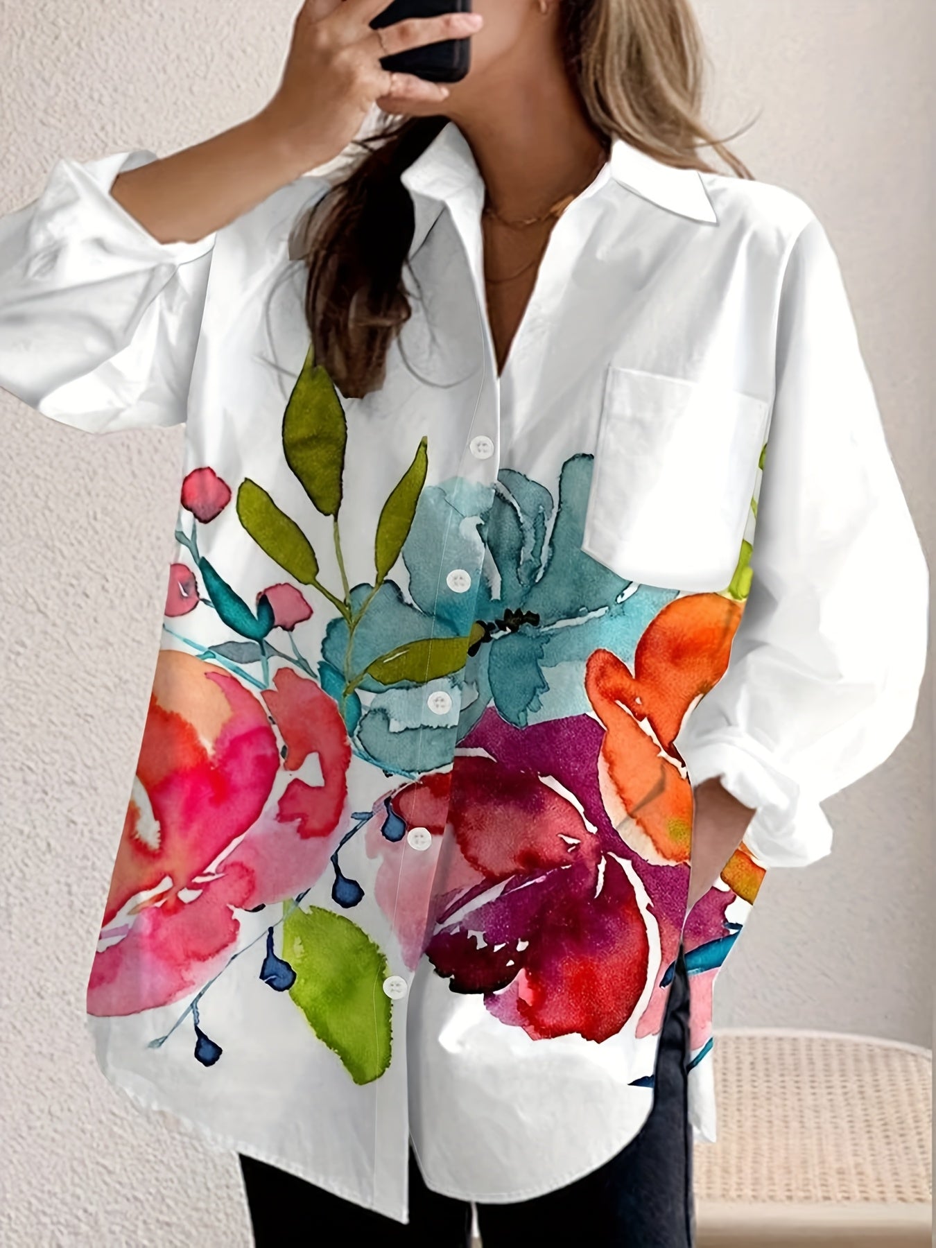 New Women'S Casual Ink Painting Printed Button-Up Long Sleeve Shirt