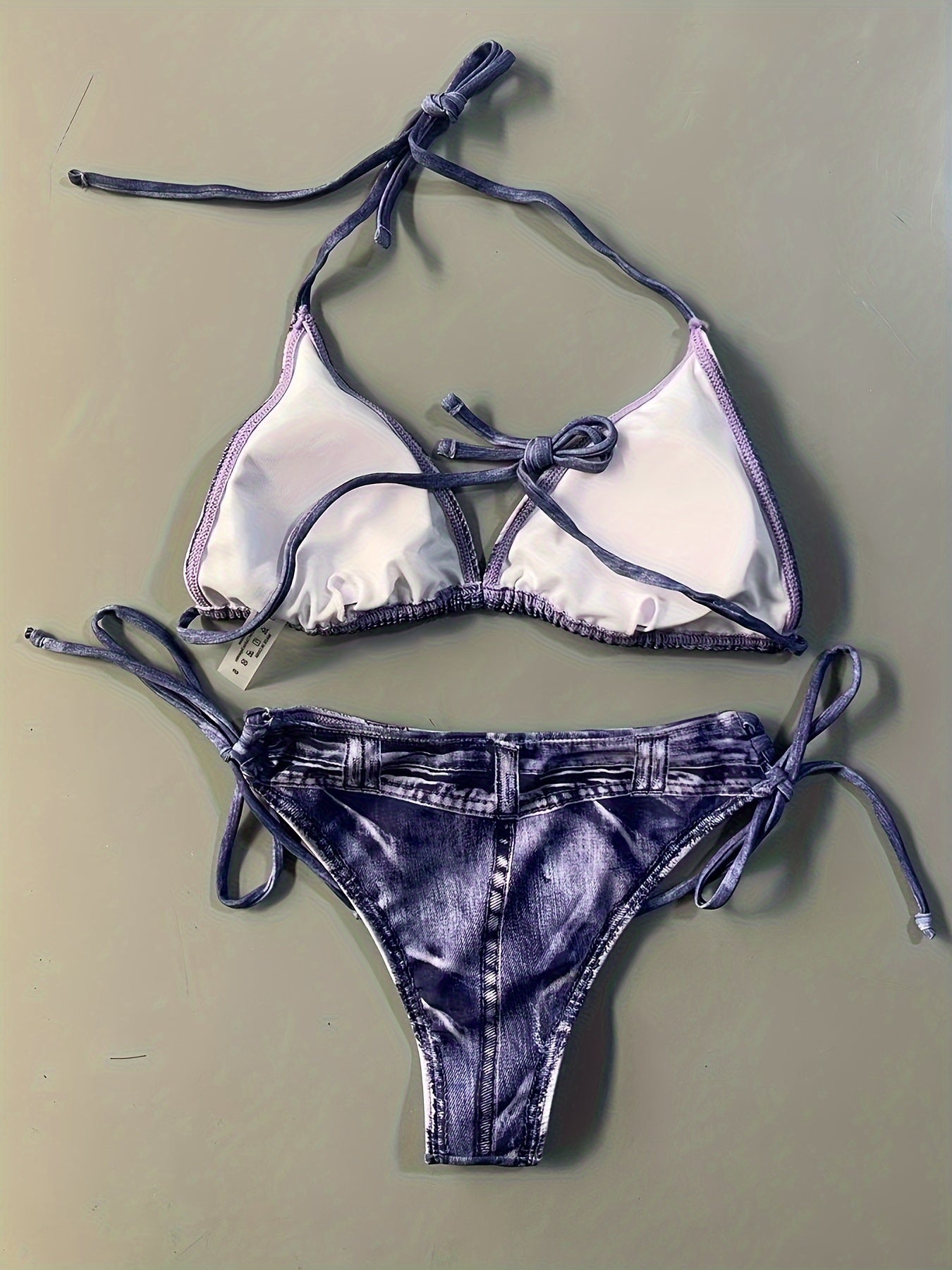 2 Piece Faux Denim Print Triangle Bikini Set - Tie Strap Halter Backless Design, Adjustable Straps, Ruffled Trim, Women's Swimwear & Clothing for Summer Beach Vacation