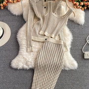 3pcs Women'S Viscose Knit Set - Casual Striped Halter Top, Lapel Collar Cardigan & Pencil Skirt - Slight Stretch Long Sleeve Office Attire for Fall/Winter