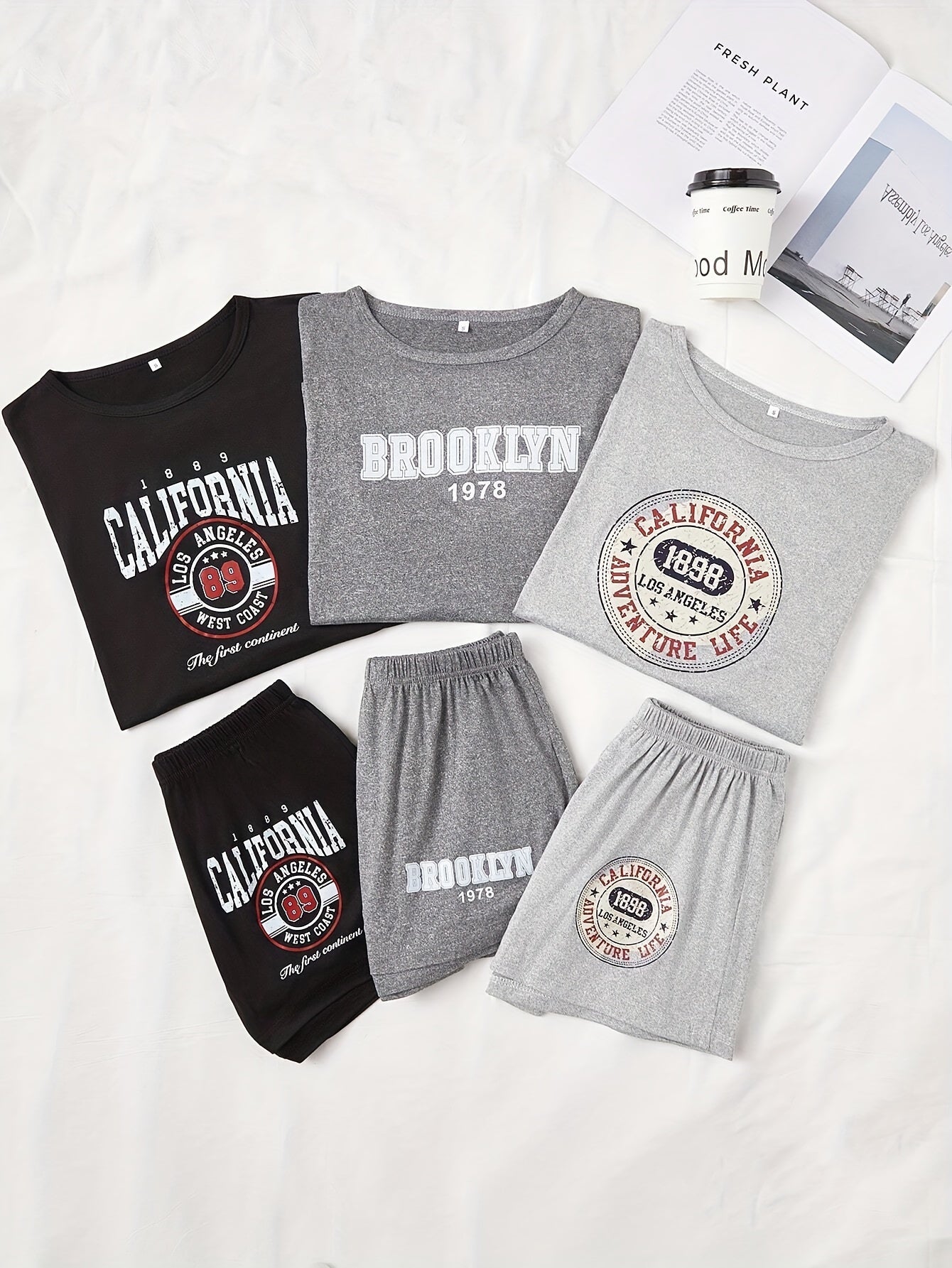 3 Sets Women's Letter Print Casual Pajama Set, Short Sleeve Round Neck Top & Shorts, Comfortable Relaxed Fit