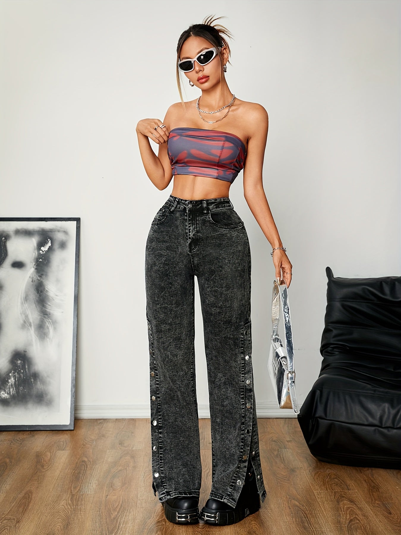 Women's High-Waisted Straight Leg Jeans with Side Slit - Casual Denim in Black, Loose Fit, Button Closure, Perfect for Spring and Fall, Allseason Jeans | Split Hem Style | Denim Fabric