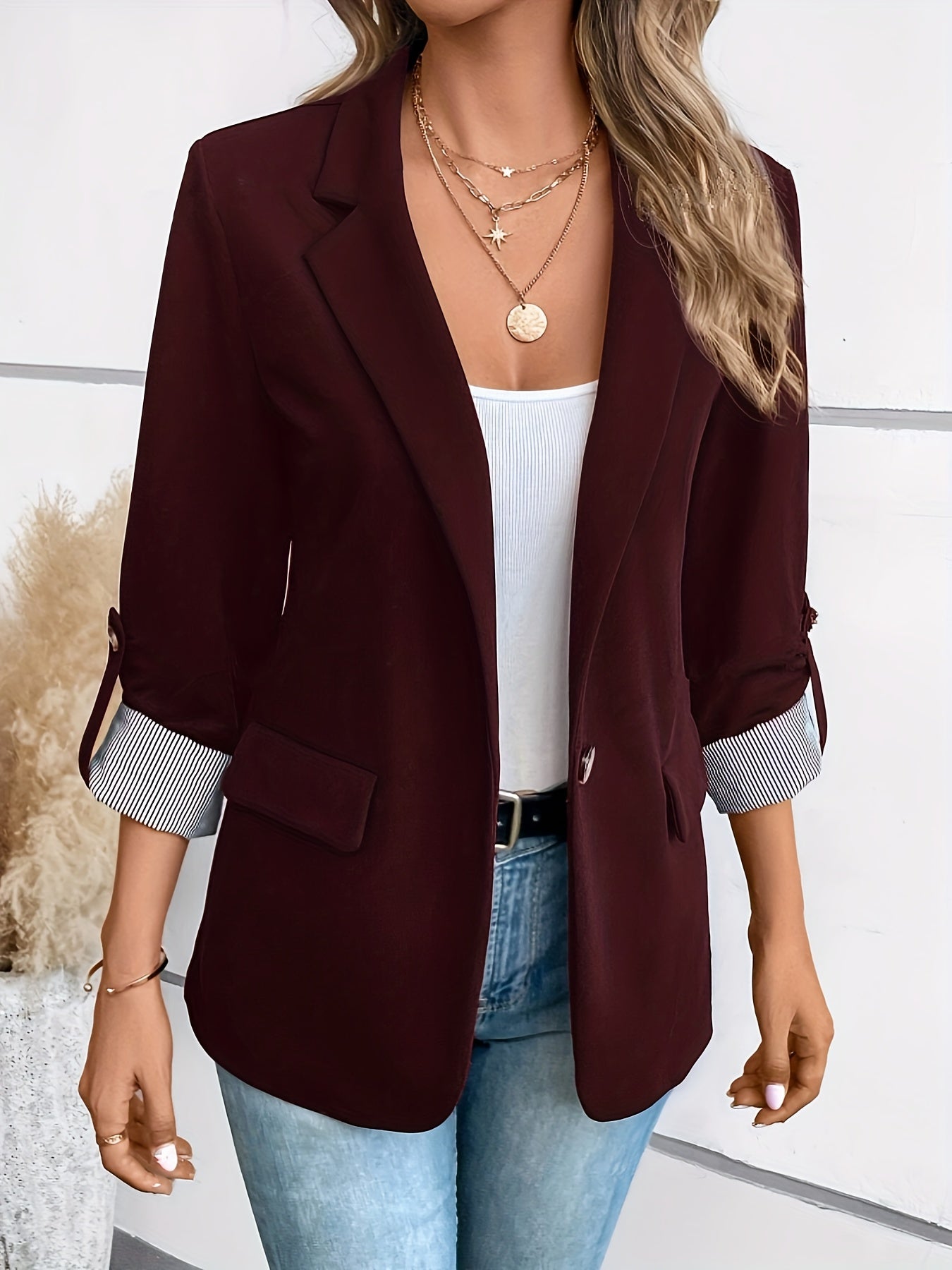 Stylish Women's Blazer with Striped Cuff Detail - 100% Polyester, Single Button Closure, Regular Fit, Long Sleeves, Perfect for Spring & Fall Casual or Semi-Formal Wear, Casual Women's Wear | Versatile Fashion | Polyester Fab
