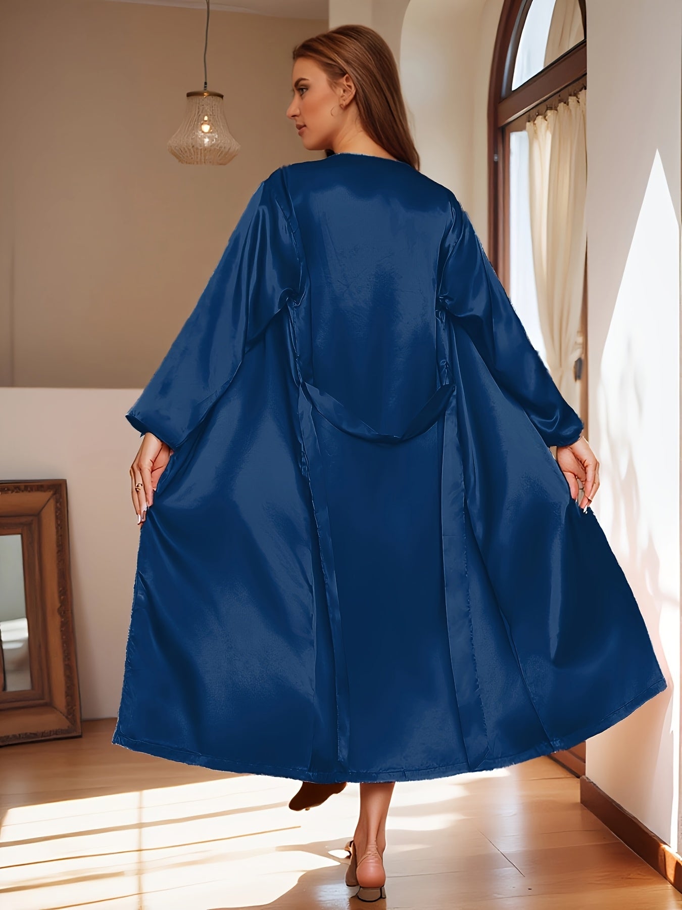 2pcs Women's Elegant V-Neck Satin Pajama Set - Smooth Polyester Fabric, 90g/m², Micro Elasticity - Autumn & Winter Comfortable Home Leisure Wear | Soft & Comfortable | Lace Up Detail