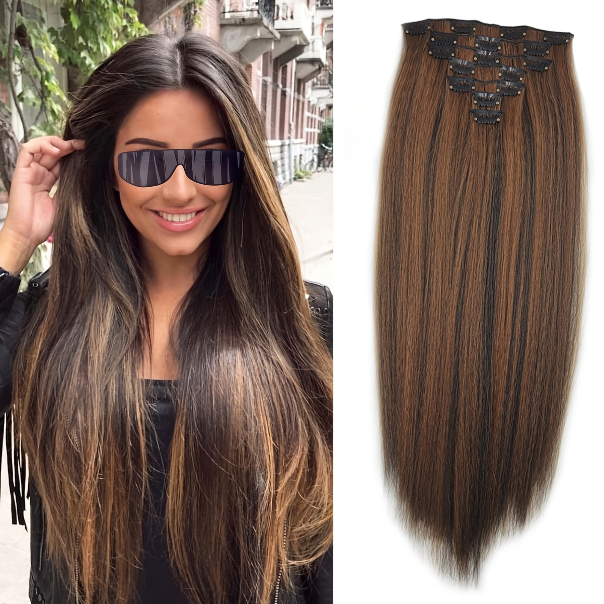 Kinky Straight Clip In Wig Extensions Full Head Yaki Straight Clips In For Women Synthetic Wig 7Pcs Wig Accessories