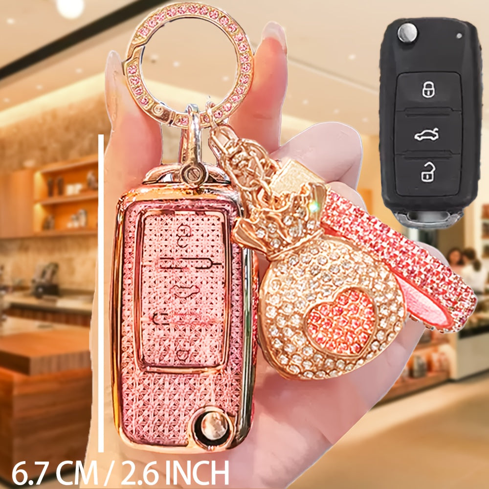 For Volkswagen TPU Car Key Fob Cover with Diamond Pattern, Special Buckle Design, Includes Rhinestone Keychain & Heart-Shaped Charm, Compatible with Sprint Boraie Lavida Golf Polo Models