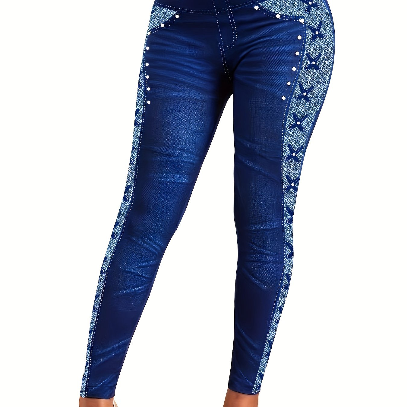 Women's High-Waist Stretch Denim-Look Leggings with Star Pattern and Faux Button Accents - Comfortable Polyester Blend, Machine Washable, Ideal for Casual Wear, High Waisted Leggings